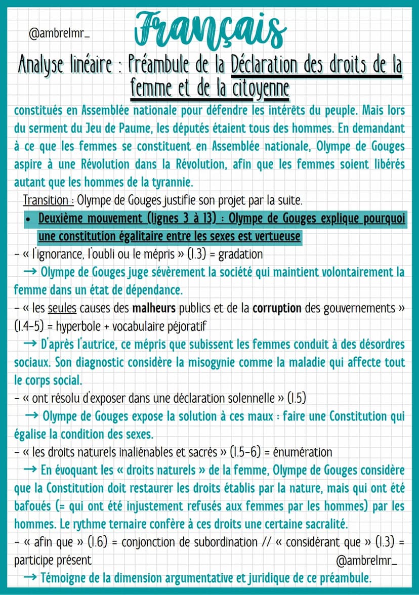 @ambrelmr_
Français
Analyse linéaire : Préambule de la Déclaration des droits de la
femme et de la citoyenne
de convaincre du bien-fondé (= 