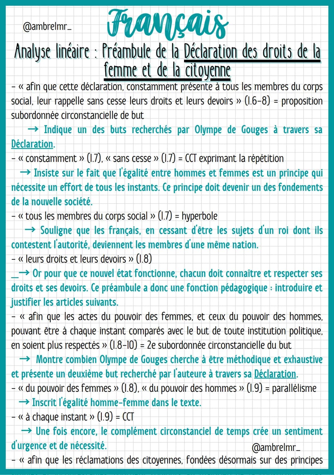 @ambrelmr_
Français
Analyse linéaire : Préambule de la Déclaration des droits de la
femme et de la citoyenne
de convaincre du bien-fondé (= 
