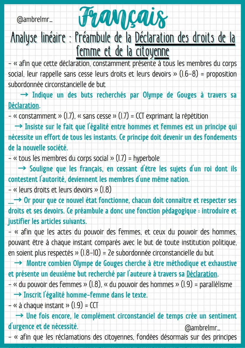 @ambrelmr_
Français
Analyse linéaire : Préambule de la Déclaration des droits de la
femme et de la citoyenne
de convaincre du bien-fondé (= 