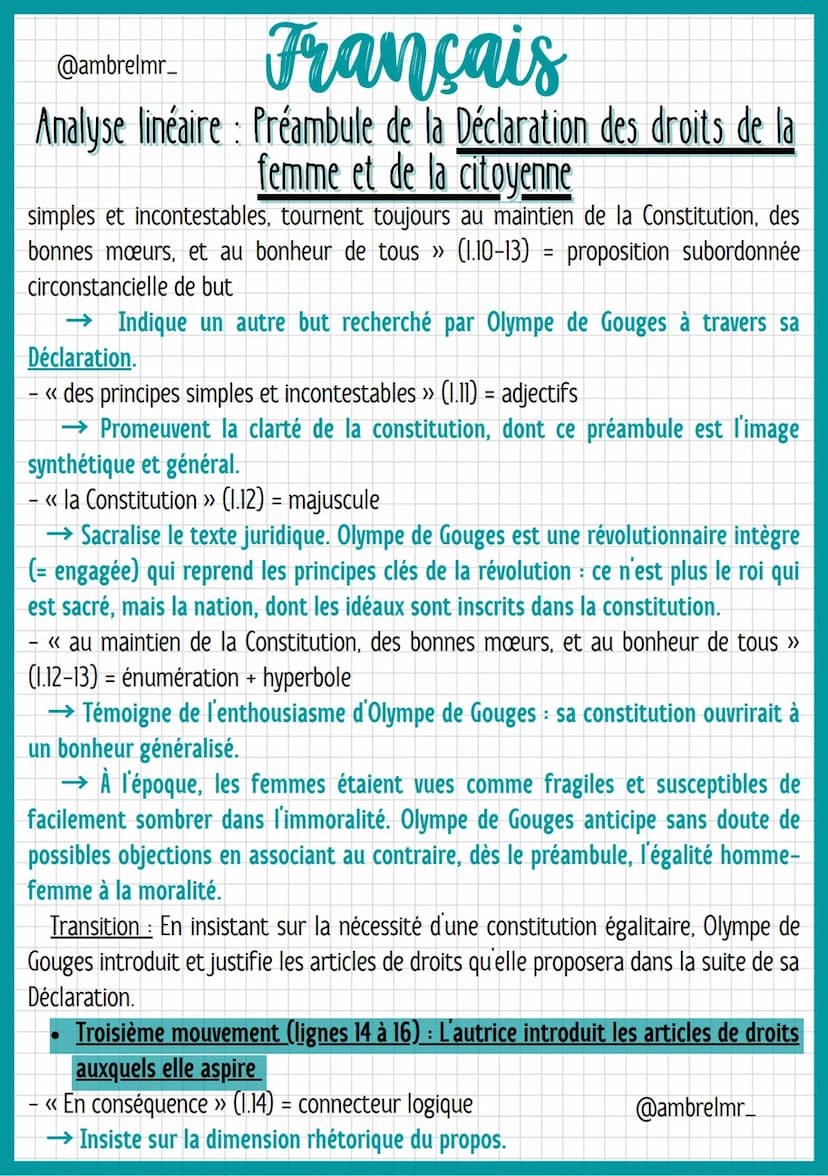 @ambrelmr_
Français
Analyse linéaire : Préambule de la Déclaration des droits de la
femme et de la citoyenne
de convaincre du bien-fondé (= 