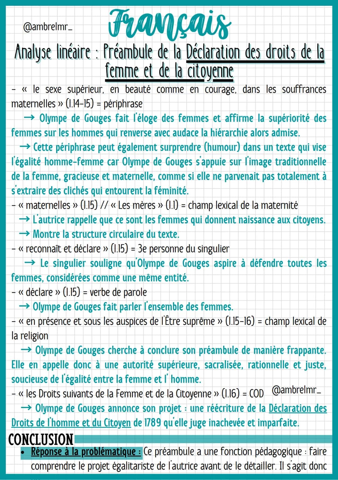 @ambrelmr_
Français
Analyse linéaire : Préambule de la Déclaration des droits de la
femme et de la citoyenne
de convaincre du bien-fondé (= 