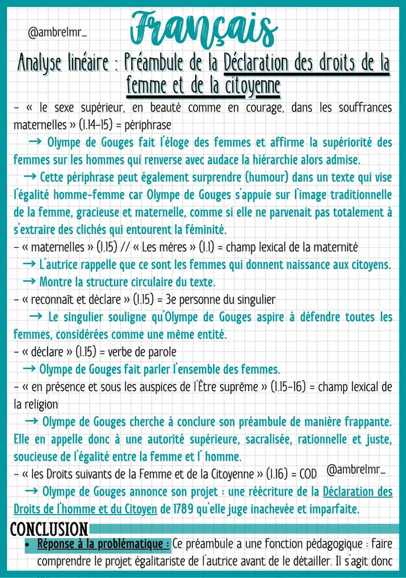 @ambrelmr_
Français
Analyse linéaire : Préambule de la Déclaration des droits de la
femme et de la citoyenne
de convaincre du bien-fondé (= 