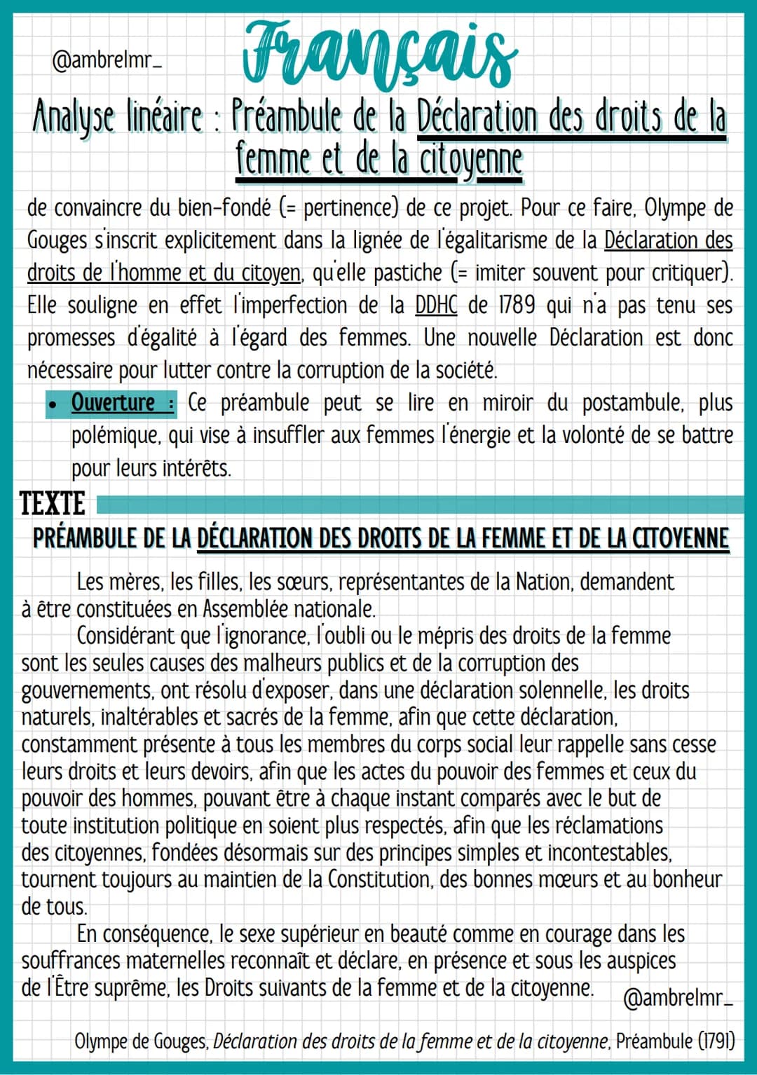 @ambrelmr_
Français
Analyse linéaire : Préambule de la Déclaration des droits de la
femme et de la citoyenne
de convaincre du bien-fondé (= 