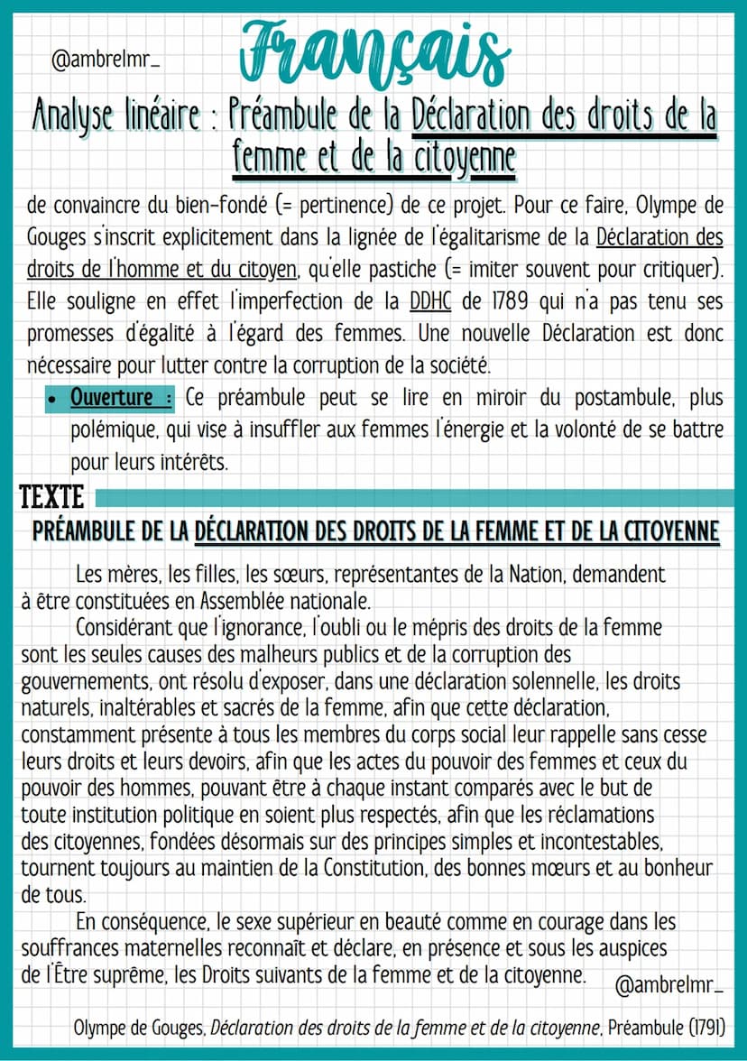 @ambrelmr_
Français
Analyse linéaire : Préambule de la Déclaration des droits de la
femme et de la citoyenne
de convaincre du bien-fondé (= 