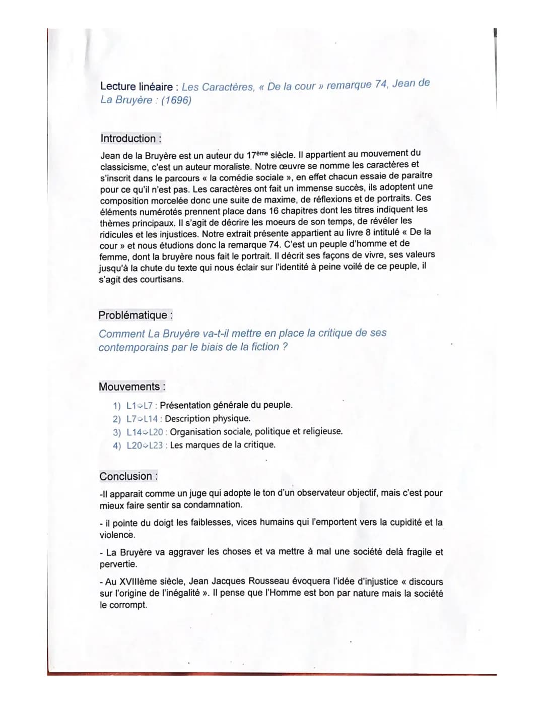 Lecture linéaire : Les Caractères, « De la cour » remarque 74, Jean de
La Bruyère: (1696)
Introduction :
Jean de la Bruyère est un auteur du