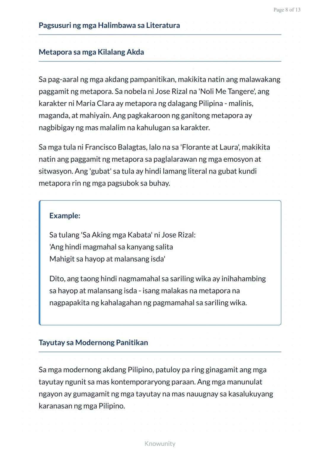Pagkilala at Pagsusuri ng Literary Devices: Metapora at Tayutay
Pag-aaral ng mga literary devices sa panitikang
Pilipino
Mga Layuning Pang-e