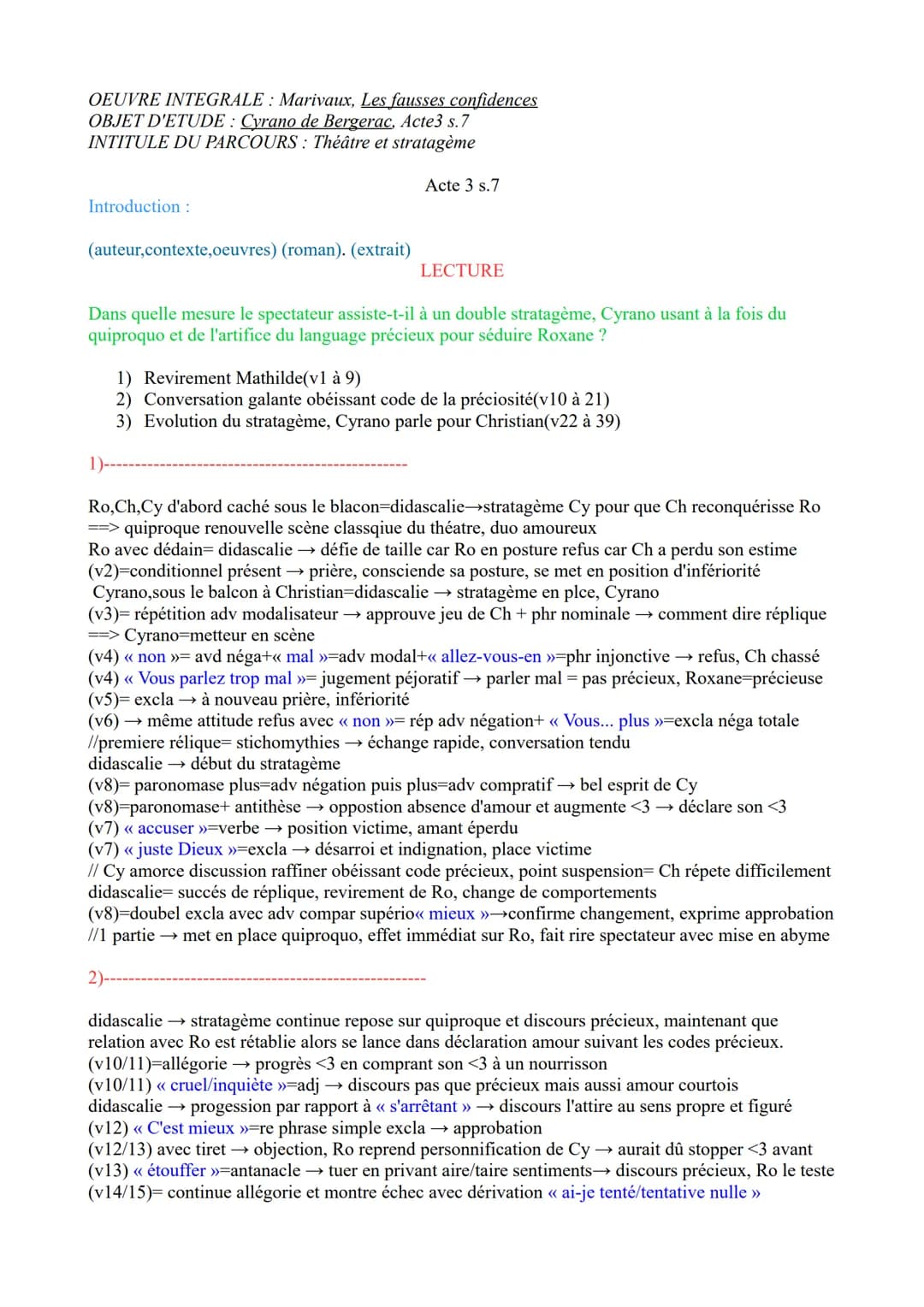 OEUVRE INTEGRALE: Marivaux, Les fausses confidences
OBJET D'ETUDE : Cyrano de Bergerac, Acte3 s.7
INTITULE DU PARCOURS: Théâtre et stratagèm