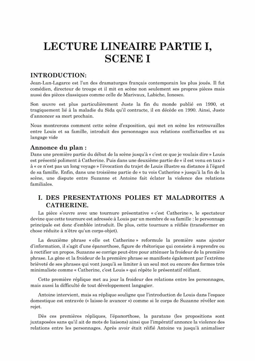 «Acte 1, Scène 1»
Juste la fin du monde, LAGARCE LECTURE LINEAIRE PARTIE I,
SCENE I
INTRODUCTION:
Jean-Lun-Lagarce est l'un des dramaturges 