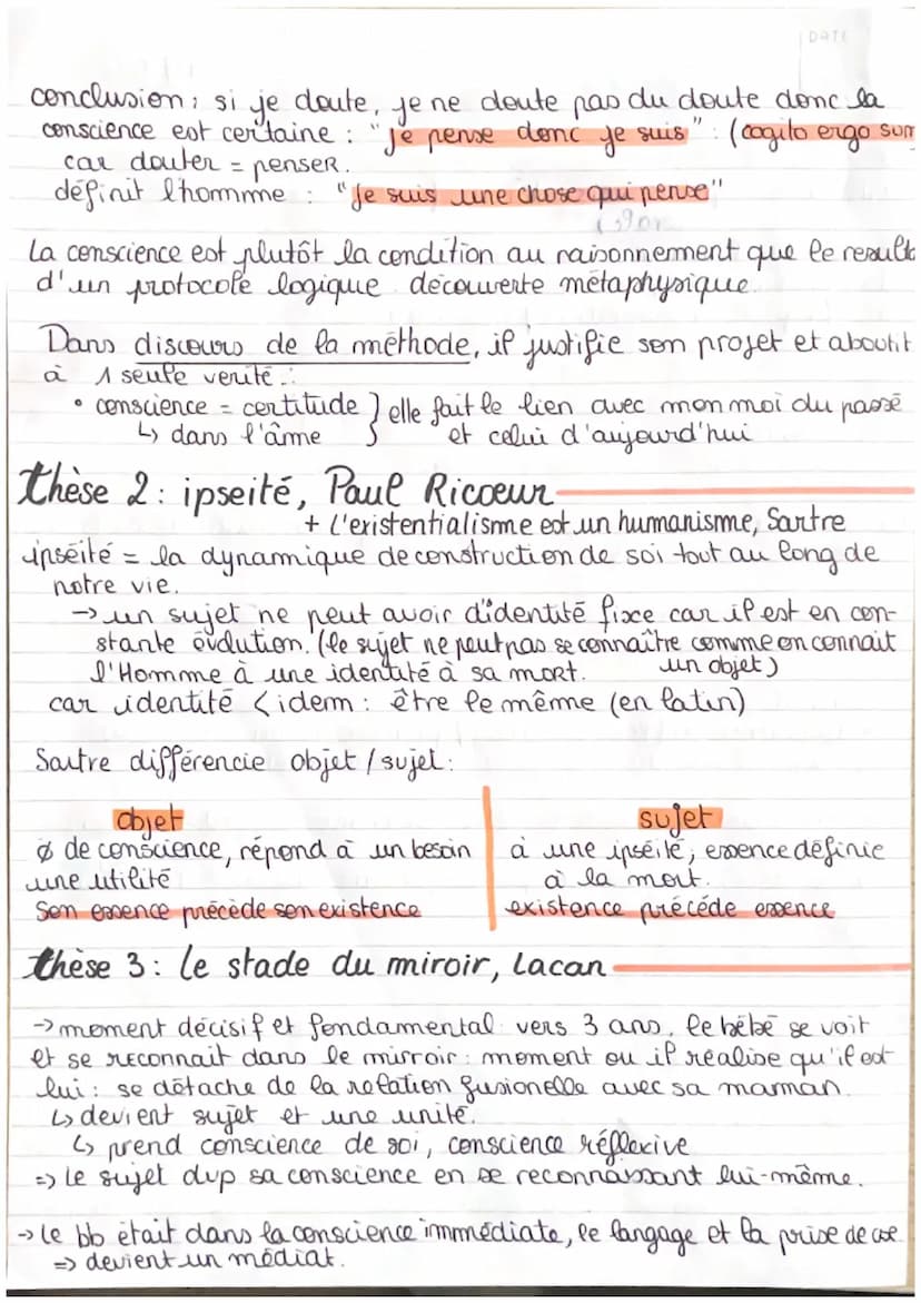 la conscience
la doxa
conscience = petite voix intérieur (réduit la conscience à la
morale)
Propre de l'Homme : animaux resentent immédiatem