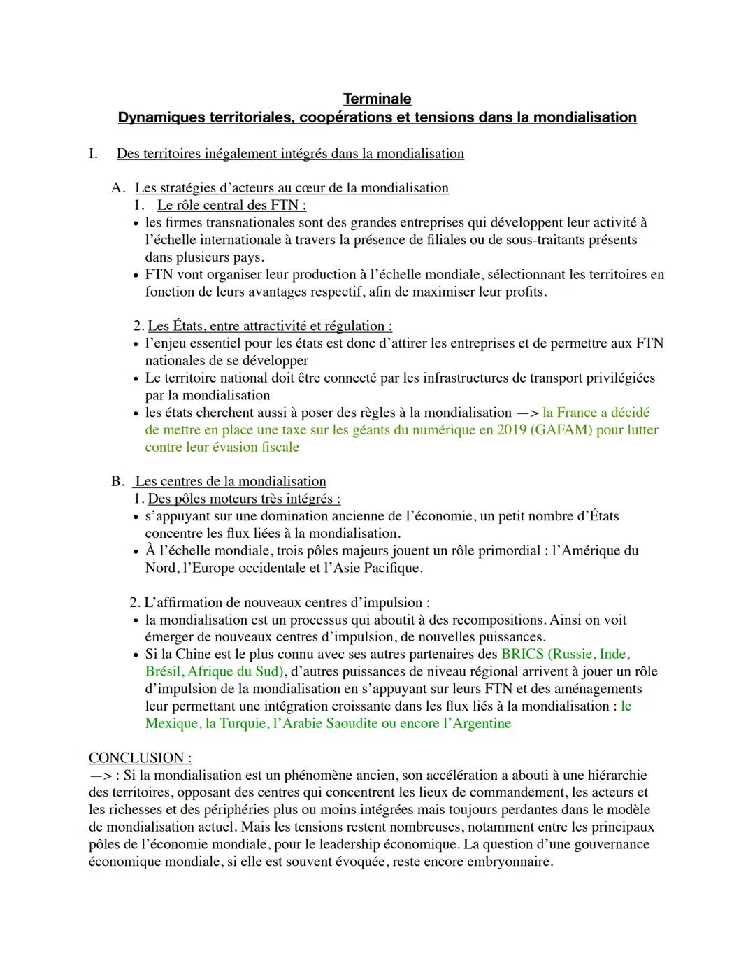# Terminale

Dynamiques territoriales, coopérations et tensions dans la mondialisation

I. Des territoires inégalement intégrés dans la mond