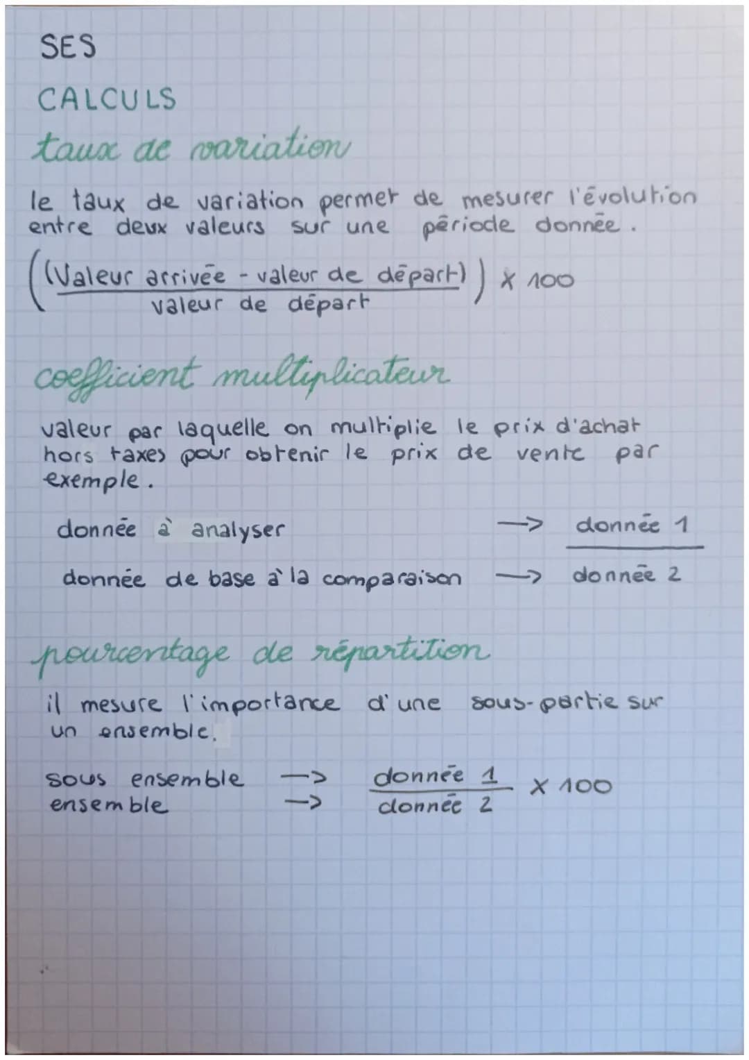 SES
CALCULS
taux de variation
le taux de variation permet de mesurer l'évolution
entre deux valeurs sur une période donnée.
(Valeur arrivée 
