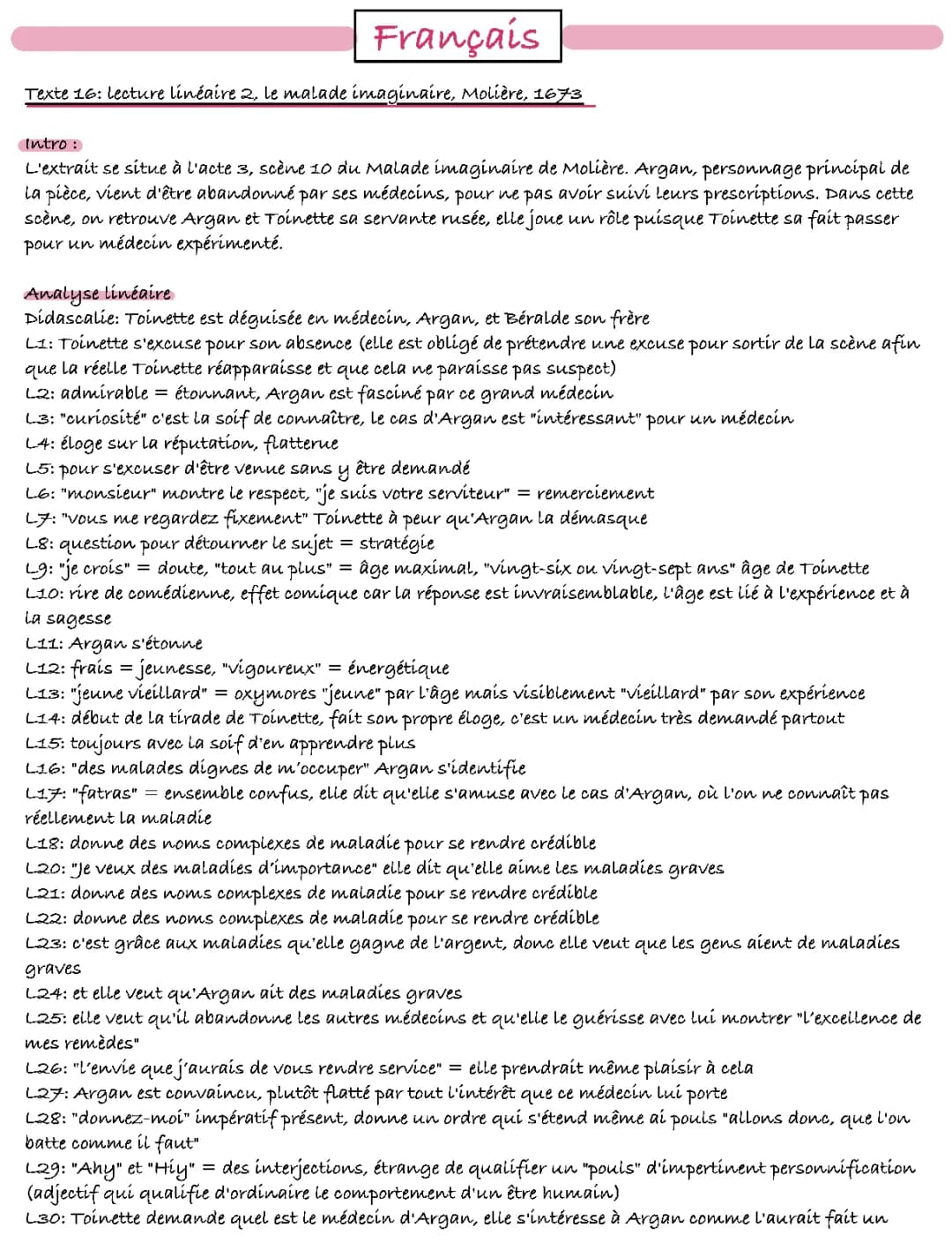 Le Malade imaginaire Acte 3 Scène 10 - Fiche Révision PDF