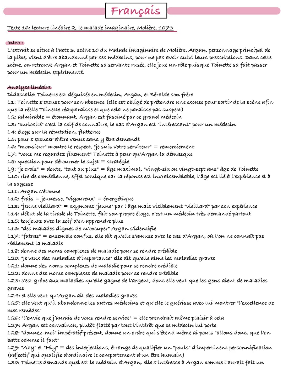 Français
Texte 16: lecture linéaire 2, le malade imaginaire, Molière, 1673
Intro:
L'extrait se situe à l'acte 3, scène 10 du Malade imaginai