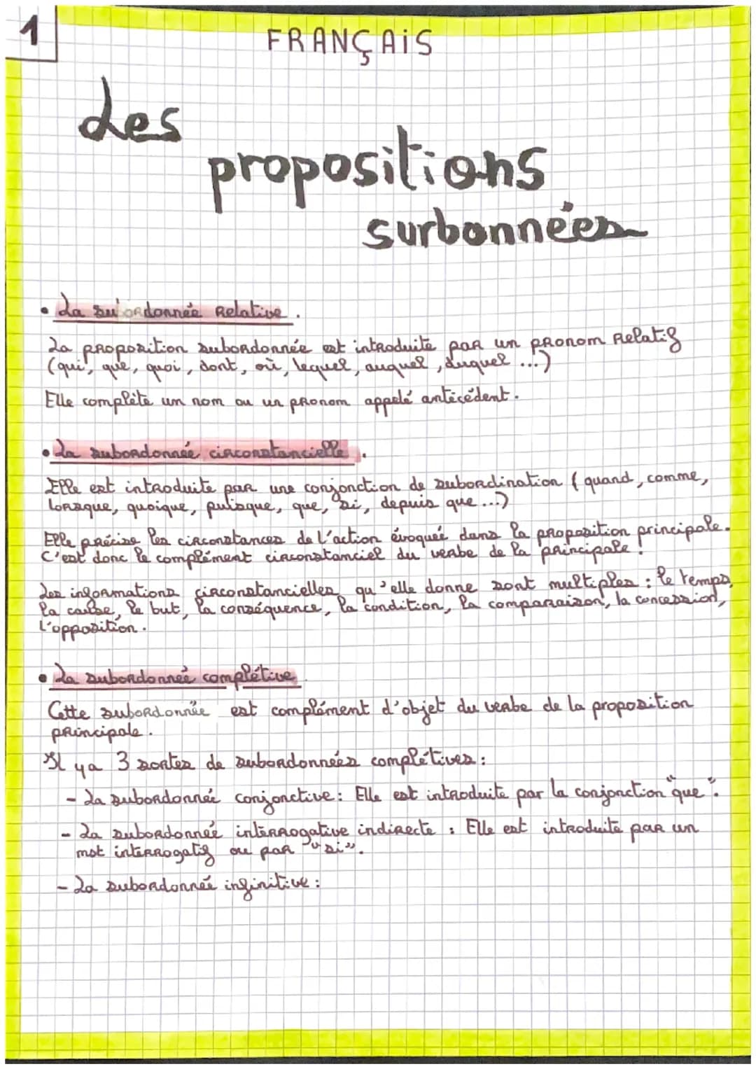 1
Les
FRANÇAIS
propositions
Surbonnees
•La suordonnée Relative.
20 proposition subordonnée est introduite par un pronom Relatif
(qui, que, q