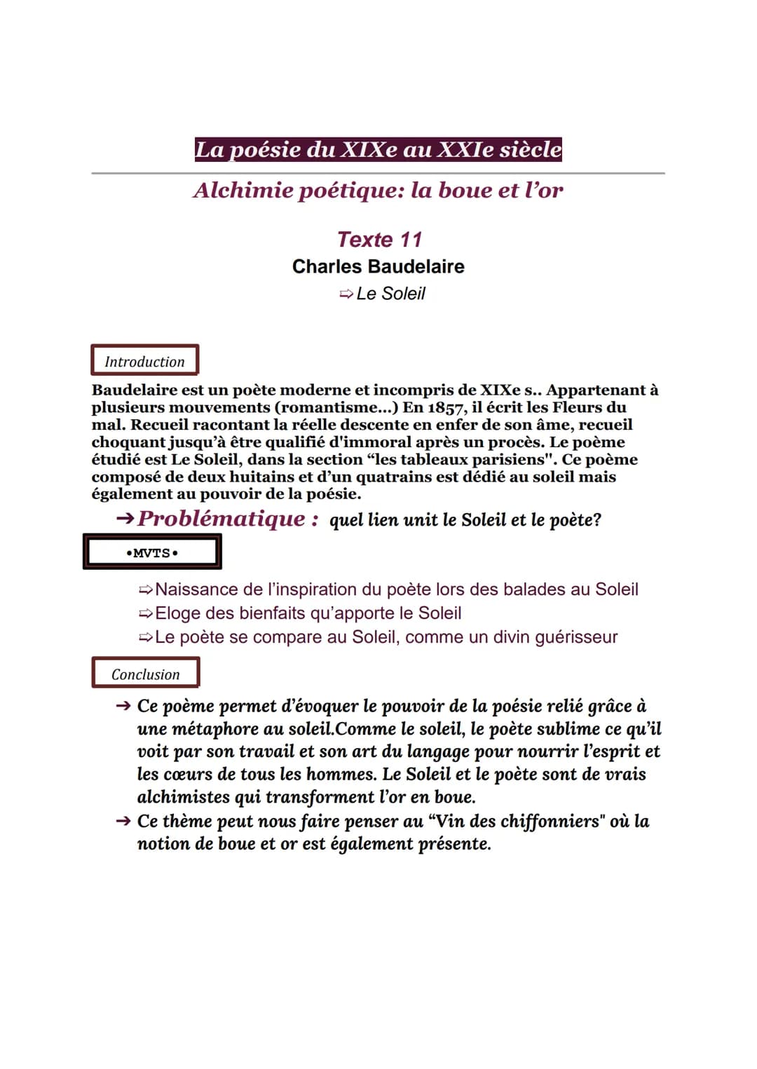 Les Fleurs du mal, Baudelaire
Parcours -Alchimie poétique: la boue et l'or
Lecture N°11
LE SOLEIL
Le long du vieux faubourg, où pendent aux 