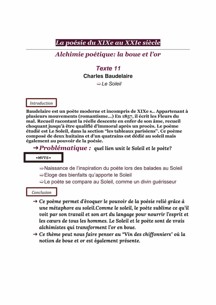 Les Fleurs du mal, Baudelaire
Parcours -Alchimie poétique: la boue et l'or
Lecture N°11
LE SOLEIL
Le long du vieux faubourg, où pendent aux 