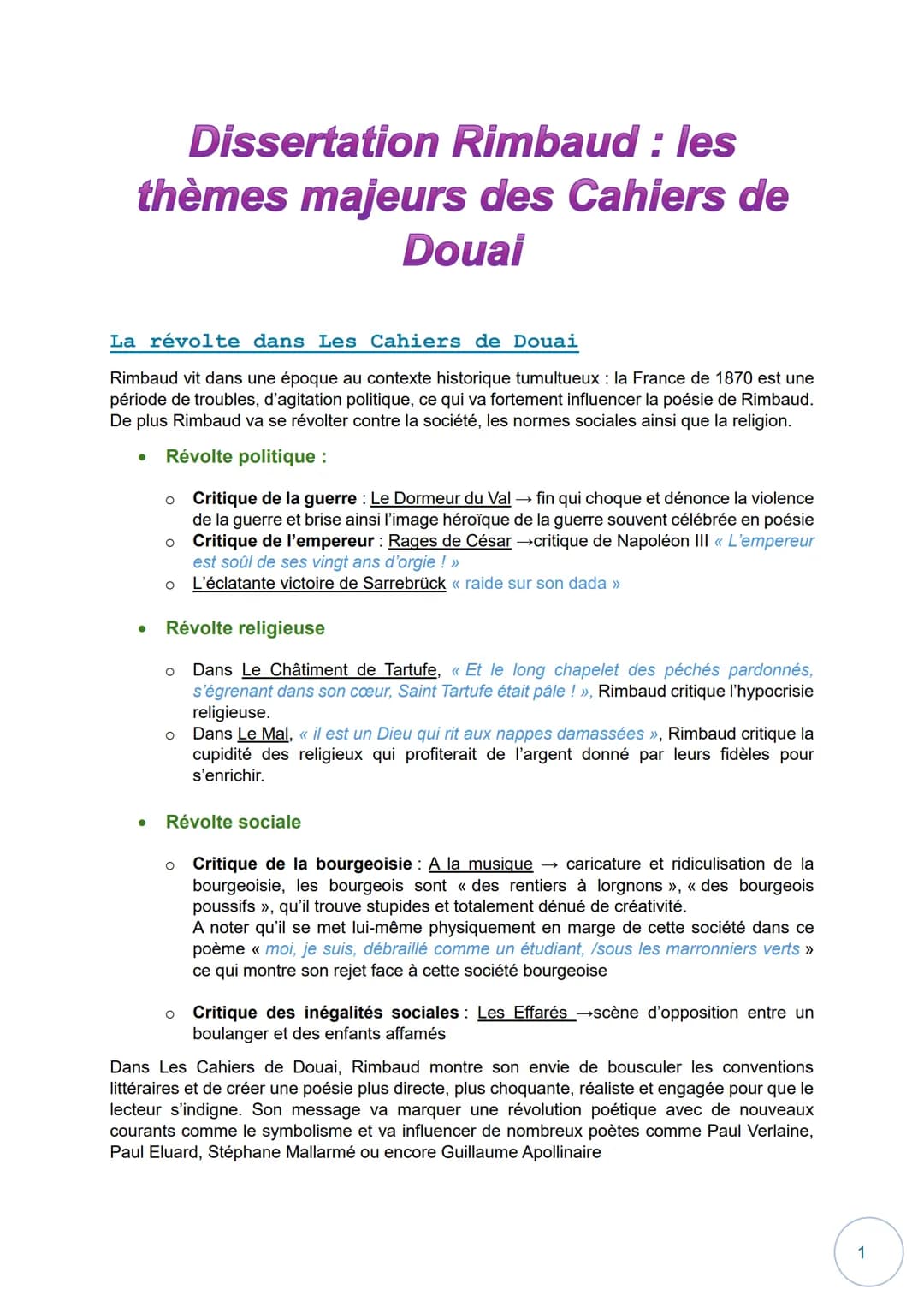 --- OCR Start ---
Dissertation Rimbaud : les
thèmes majeurs des Cahiers de
Douai
La révolte dans Les Cahiers de Douai
Rimbaud vit dans une é