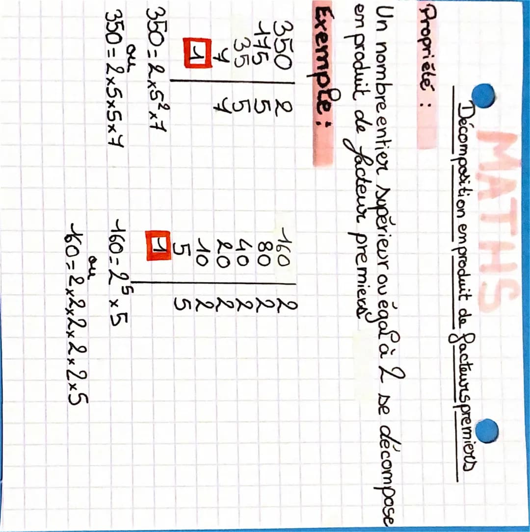 MATHS
Decomposition en produit de facteurs premiers
Propriété :
ου
Un nombre entier supérieur ou égal à 2 se décompose
en produit de facteur