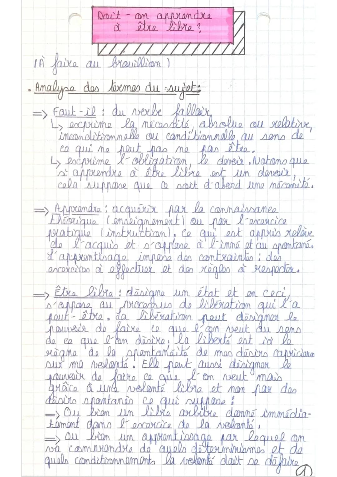 Doit
on apprendre
à être libre?
VIL
1 À faire
au bravillion)
• Analyse des termes du sujet;
Faut-il : du verbe falloir,
L> exprime la nécess