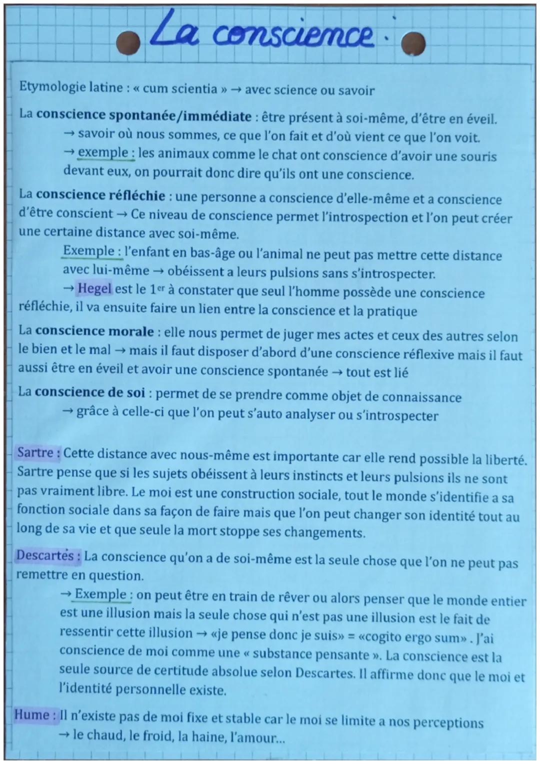 La conscience
Etymologie latine: << cum scientia >> → avec science ou savoir
La conscience spontanée/immédiate: être présent à soi-même, d'ê