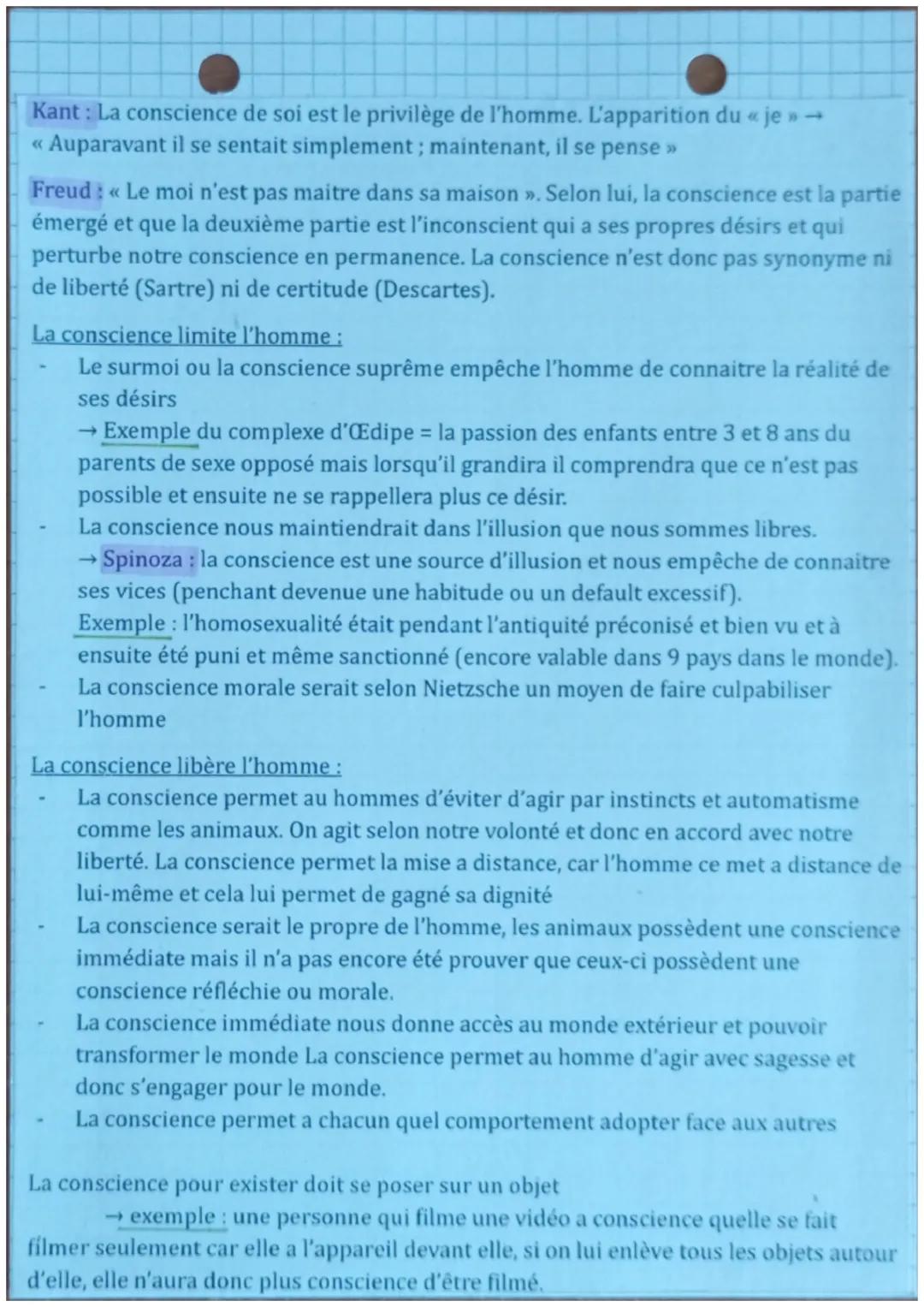 La conscience
Etymologie latine: << cum scientia >> → avec science ou savoir
La conscience spontanée/immédiate: être présent à soi-même, d'ê