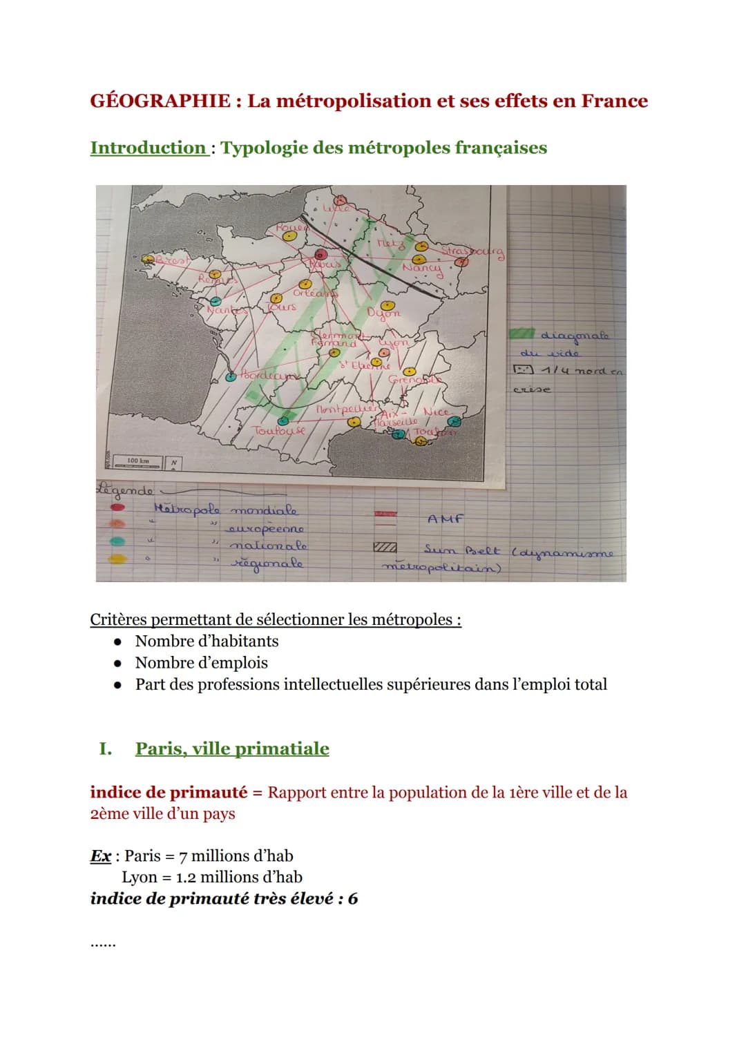 --- OCR Start ---
GÉOGRAPHIE: La métropolisation et ses effets en France
Introduction: Typologie des métropoles françaises
Legende
Poordea
I