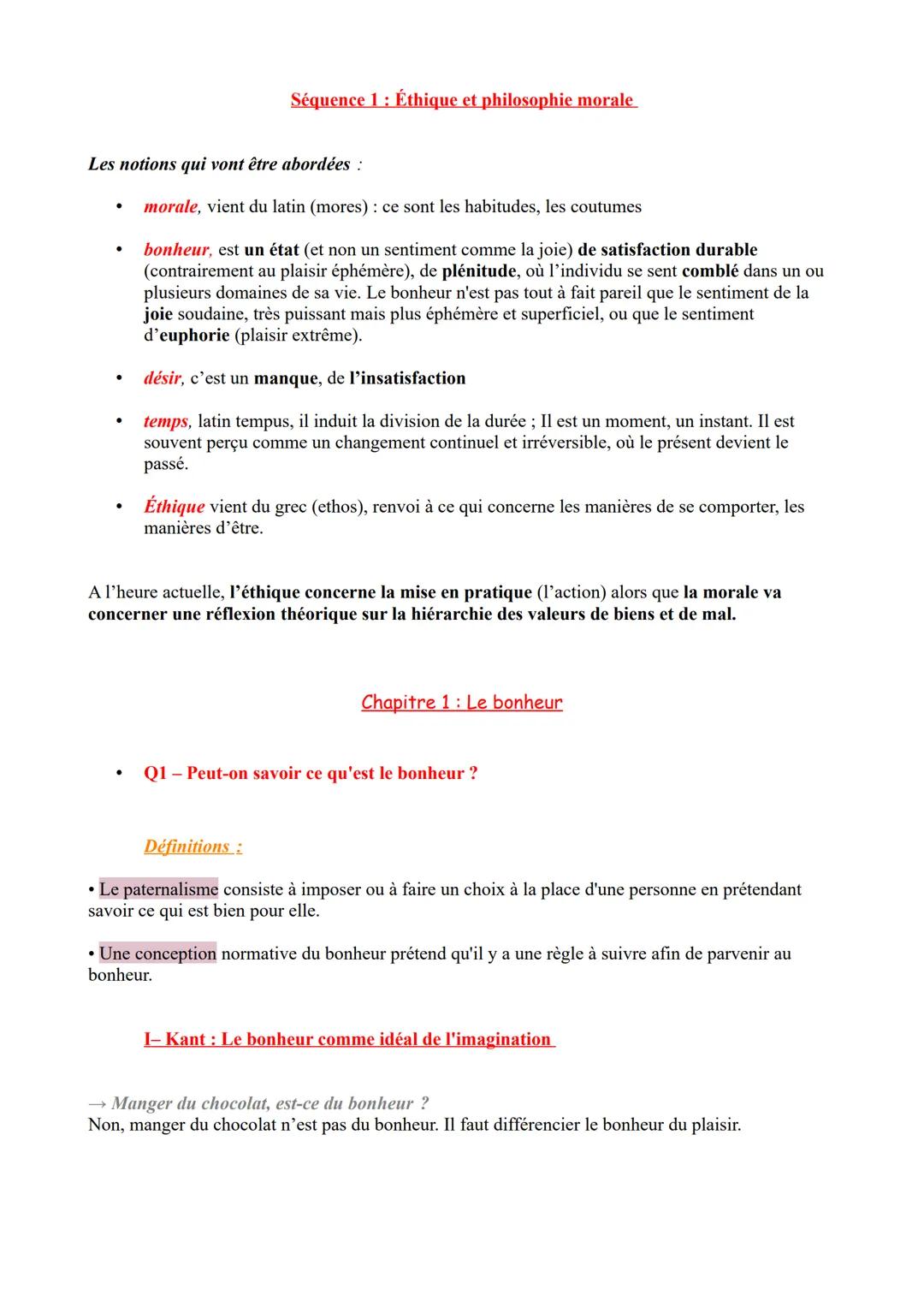 Séquence 1: Éthique et philosophie morale
Les notions qui vont être abordées :
•
•
•
.
morale, vient du latin (mores): ce sont les habitudes