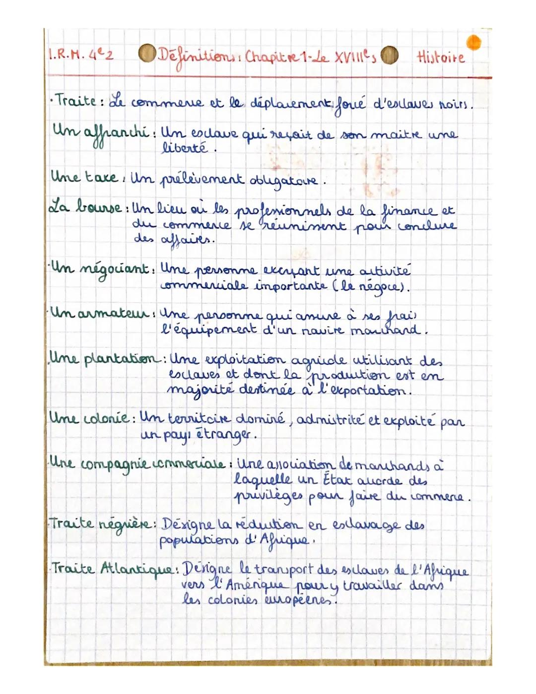 1 Définition, Chapitre 1-Le XVilles
•Traite: Le commerce et le déplacement, foué d'esclaves noirs.
Un affranchi: Um esclave qui reçoit de so