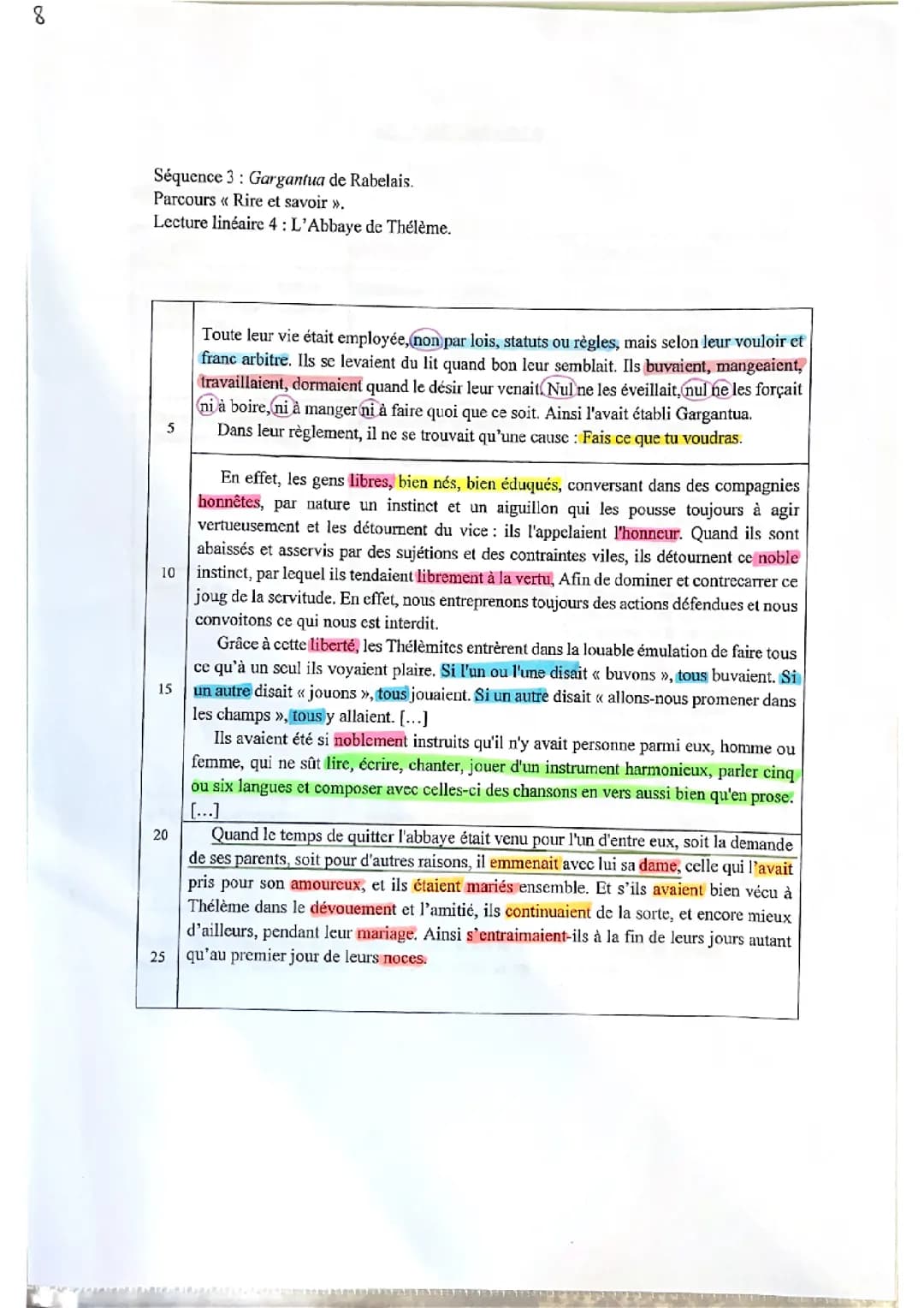 analyse linéaire l’abbaye de thélème chapitre 57 gargantua rabelais