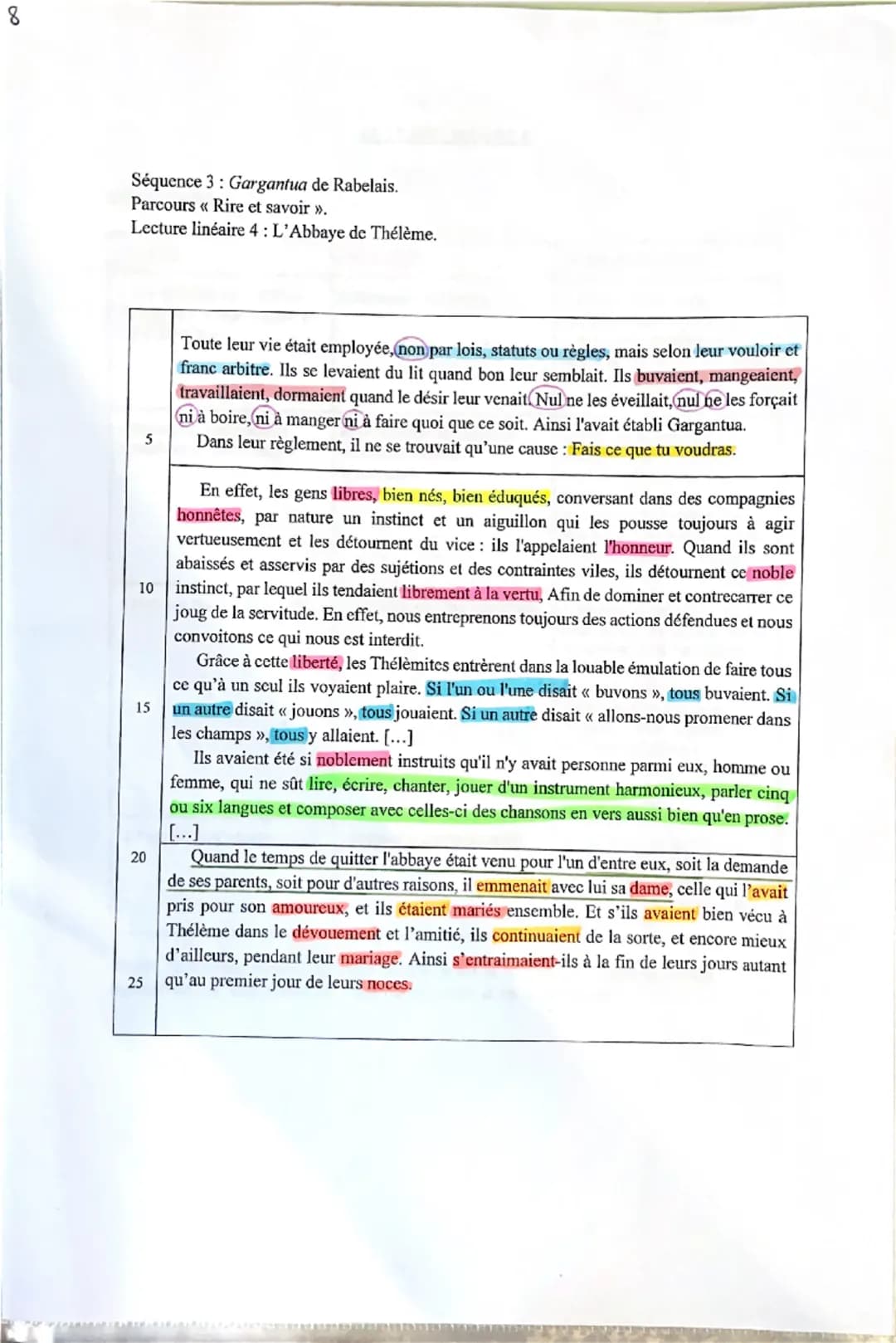8
Séquence 3: Gargantua de Rabelais.
Parcours << Rire et savoir >>.
«
Lecture linéaire 4: L'Abbaye de Thélème.
5
Toute leur vie était employ