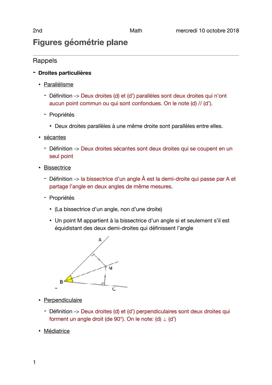 2nd
Figures géométrie plane
Rappels
1
Droites particulières
●
•
Math
●
mercredi 10 octobre 2018
Parallélisme
- Définition -> Deux droites (d