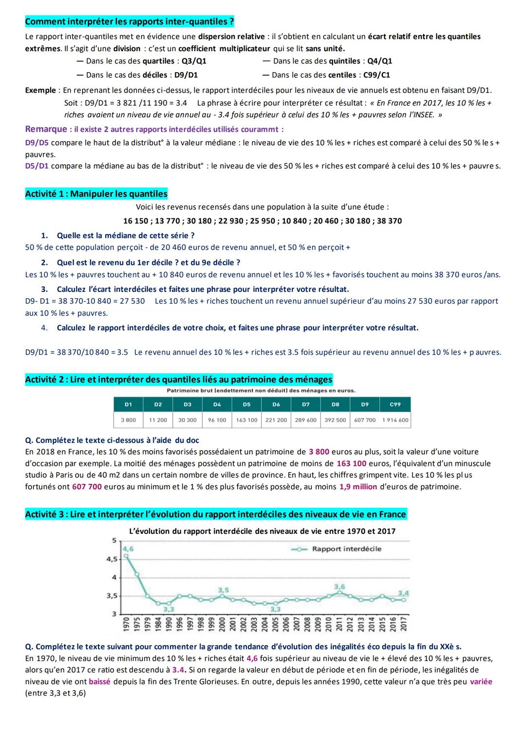 FICHE METHODE : LIRE ET INTERPRÉTER DES ÉCARTS ET RAPPORTS INTER-QUANTILES
Les écarts et les rapports inter-quantiles sont des outils de mes