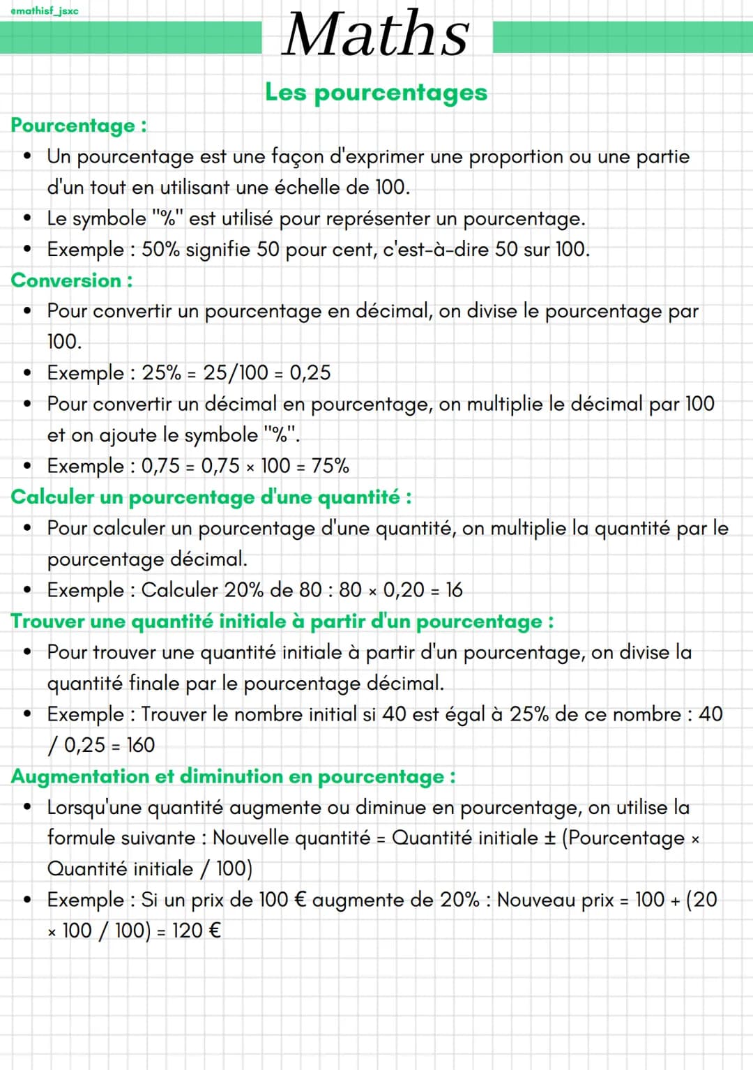 amathisf_jsxc
Pourcentage:
• Un pourcentage est une façon d'exprimer une proportion ou une partie
d'un tout en utilisant une échelle de 100.