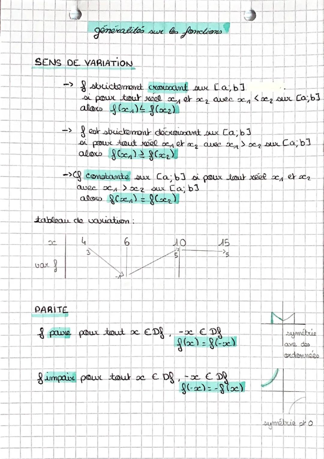 SENS DE VARIATION
O
var f
généralités
-> I strictement croissant sur [a, b]
si pour tout reel x, et x₂ avec xn
alors f(x₁) 48 (OC₂).
tableau