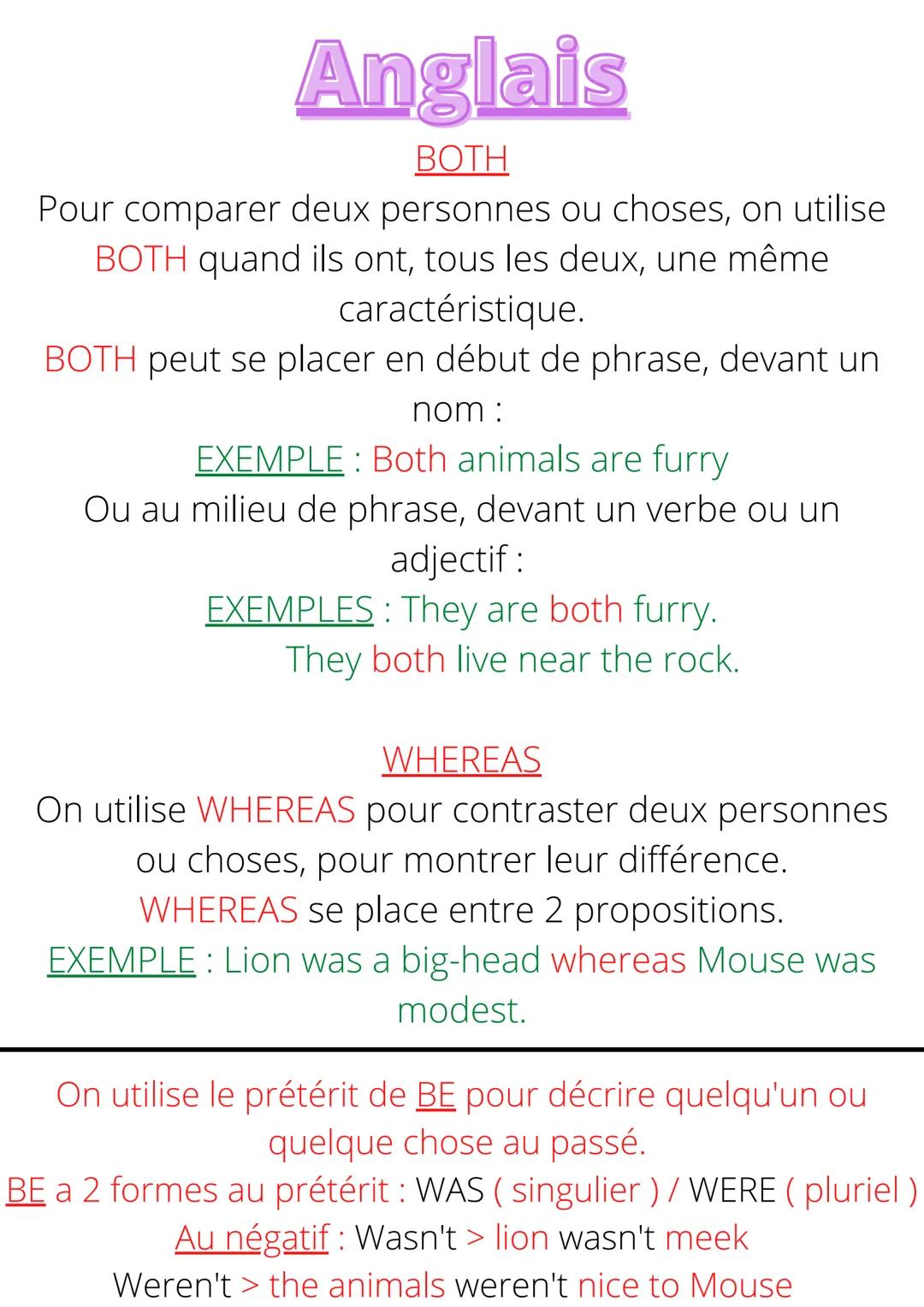 Anglais
BOTH
Pour comparer deux personnes ou choses, on utilise
BOTH quand ils ont, tous les deux, une même
caractéristique.
BOTH peut se pl