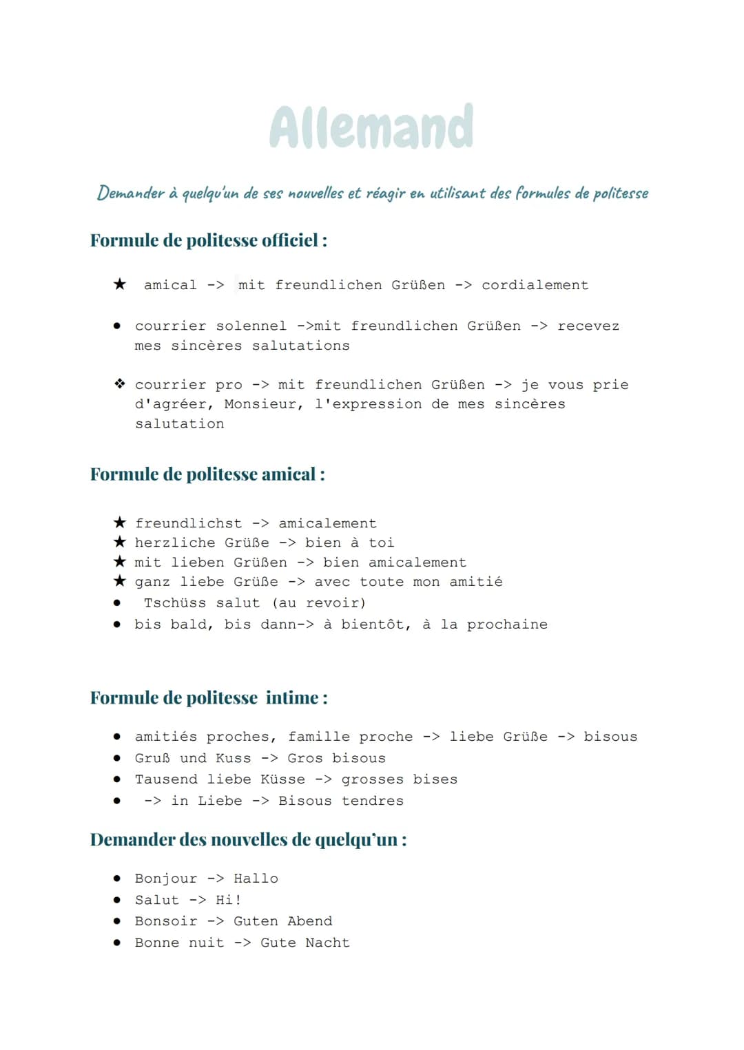 Demander à quelqu'un de ses nouvelles et réagir en utilisant des formules de politesse
Formule de politesse officiel :
Allemand
★ amical -> 