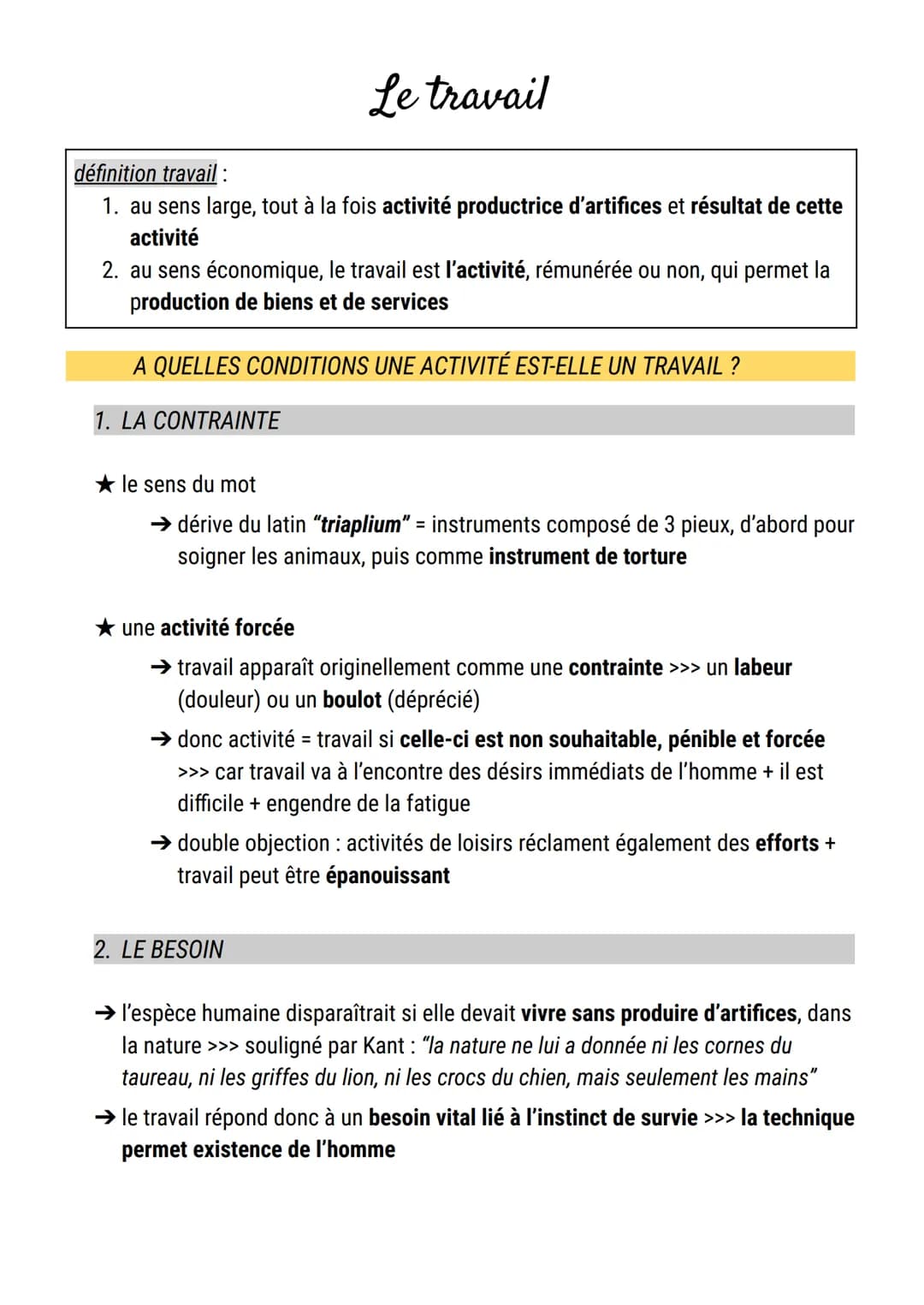 Le travail
définition travail :
1. au sens large, tout à la fois activité productrice d'artifices et résultat de cette
activité
2. au sens é