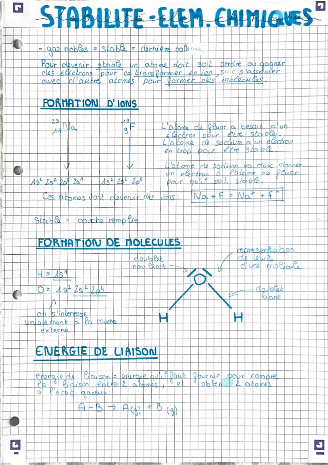 # STABILITE-ELEM. CHIMIQUES"

- gaz nobles = stable = dernière colonne

Pour devenir stable un atome doit soit perdre ou gagner
cles éléctro