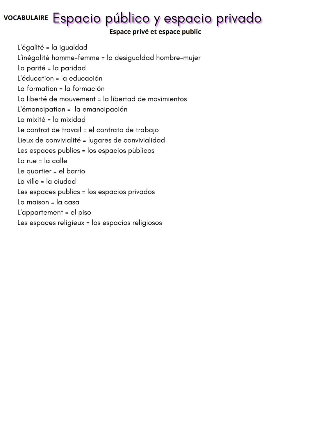 VOCABULAIRE Espacio público y espacio privado
Espace privé et espace public
L'égalité = la igualdad
L'inégalité homme-femme = la desigualdad