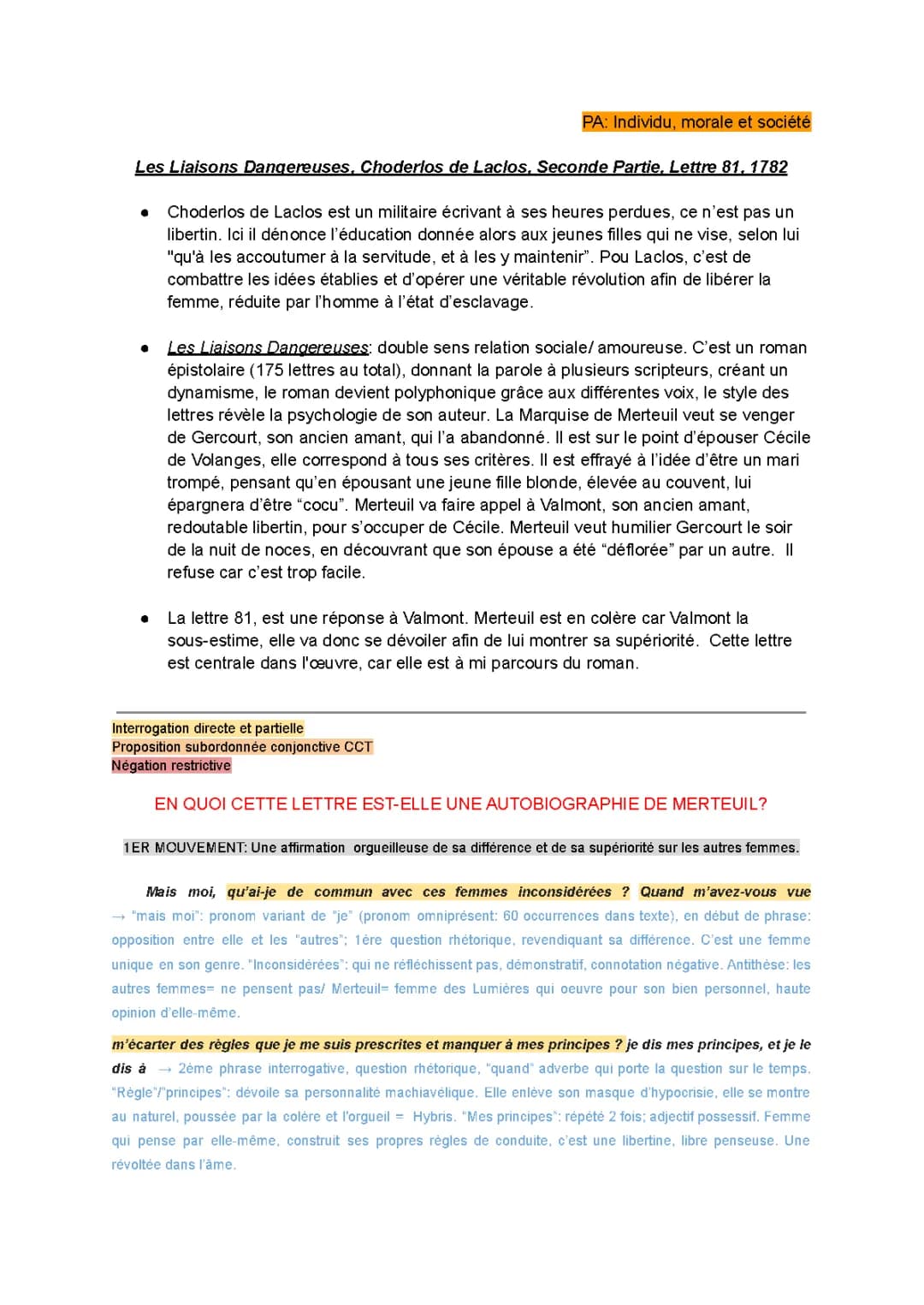 Les Liaisons dangereuses : Résumé et Analyse Lettre 81 - PDF et Oral Bac