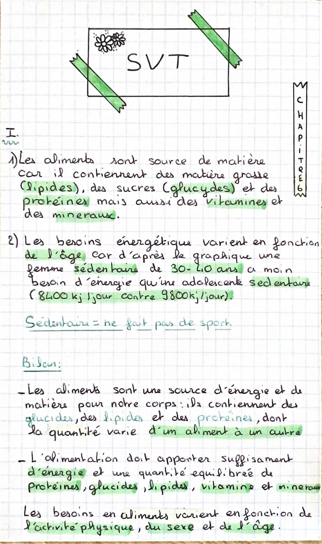 
<p>Les aliments sont une source de matière car ils contiennent des matières grasses (lipides), des sucres (glucides) et des protéines, ains