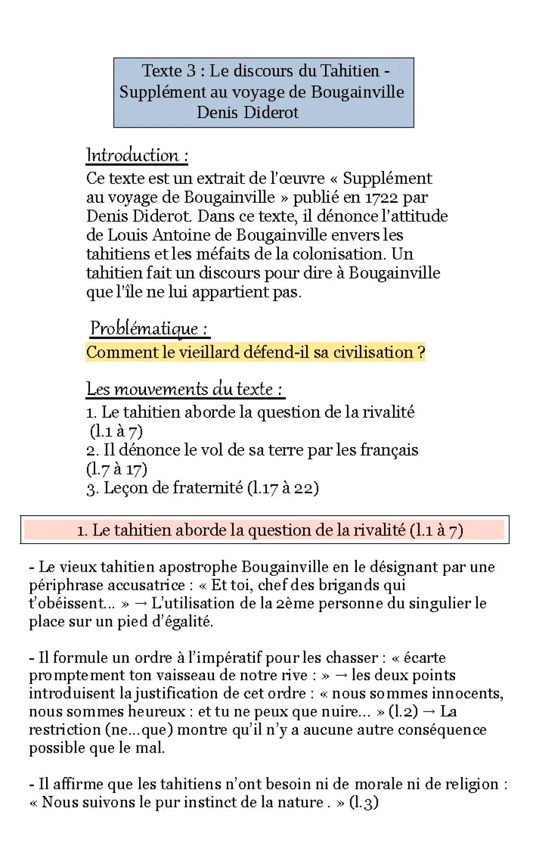 Analyse linéaire du discours du vieux Tahitien - Supplément au voyage de Bougainville PDF