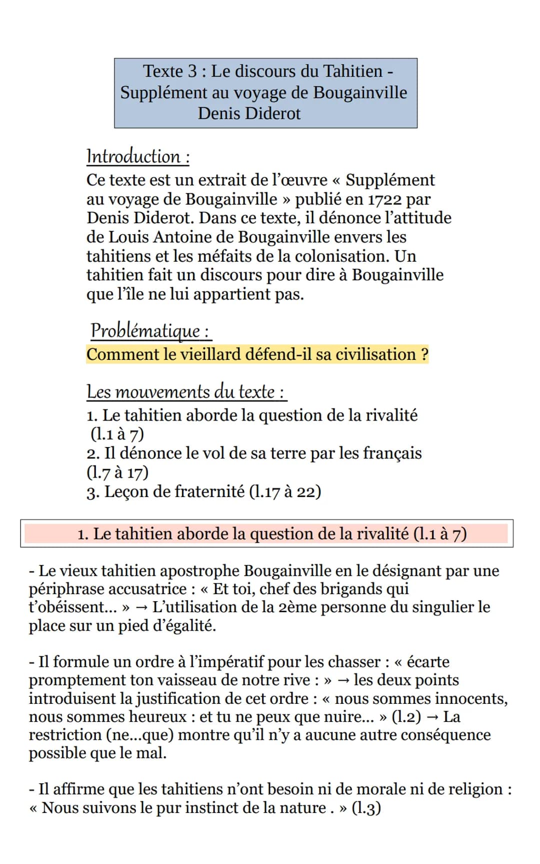 Texte 3 : Le discours du Tahitien -
Supplément au voyage de Bougainville
Denis Diderot
Introduction :
Ce texte est un extrait de l'œuvre « S