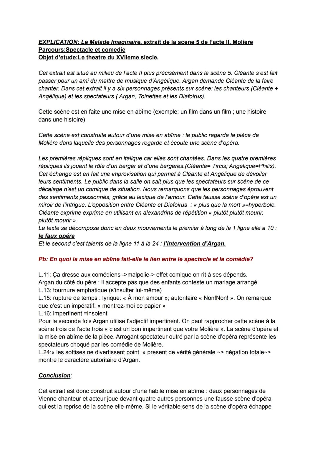 EXPLICATION: Le Malade Imaginaire, extrait de la scene 5 de l'acte II, Moliere
Parcours:Spectacle et comedie
Objet d'etude: Le theatre du XV