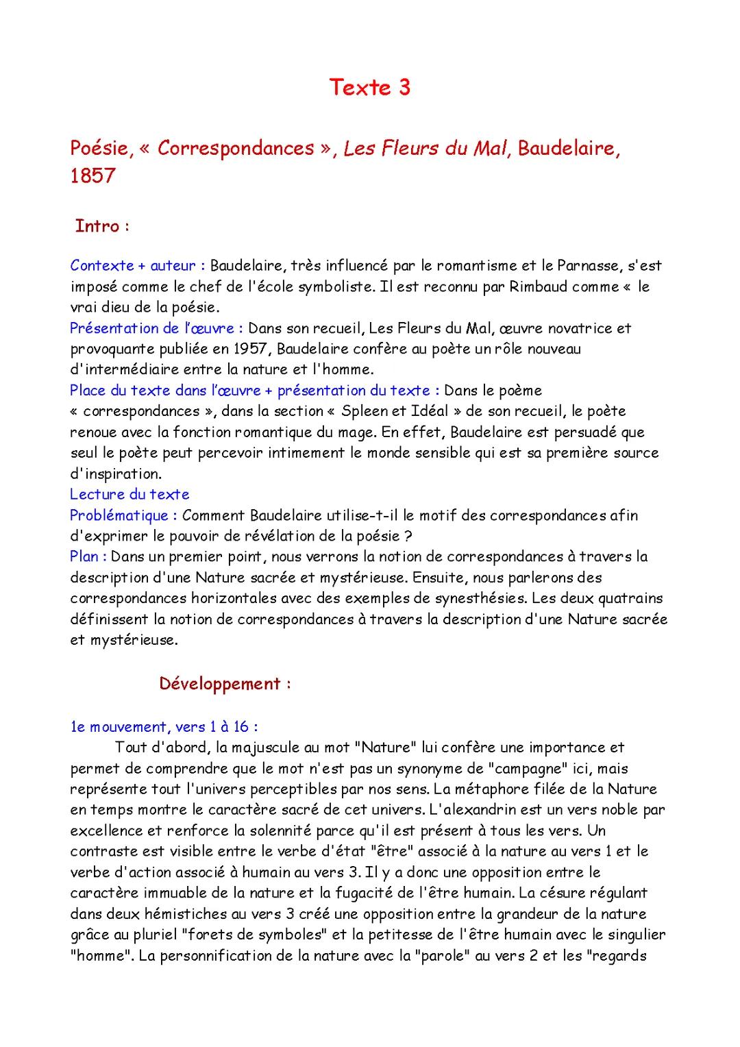 Analyse linéaire "Correspondances" Les Fleurs du Mal Baudelaire