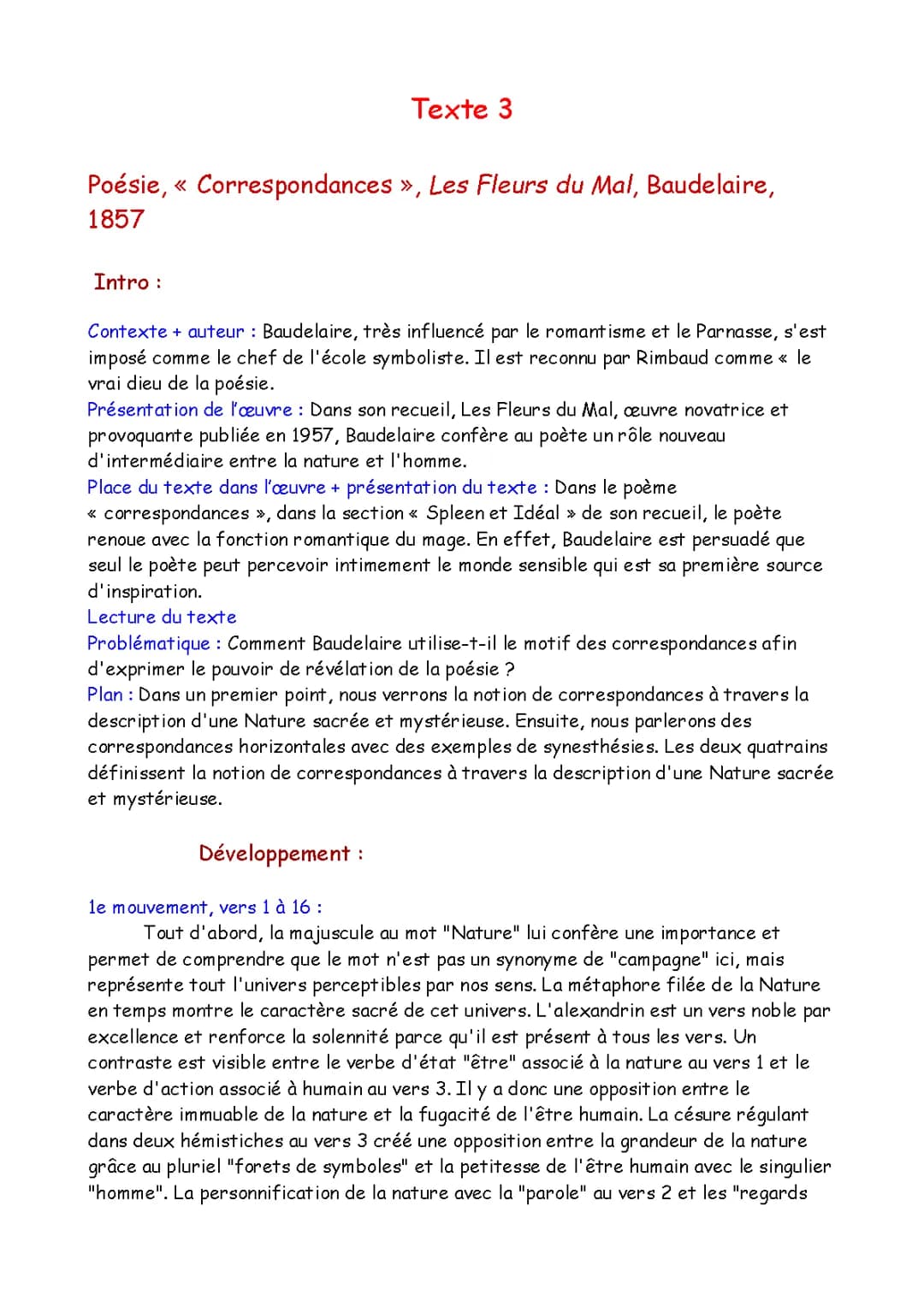 Analyse linéaire "Correspondances" Les Fleurs du Mal Baudelaire