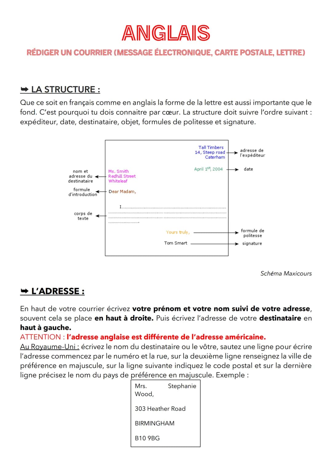 ANGLAIS
RÉDIGER UN COURRIER (MESSAGE ÉLECTRONIQUE, CARTE POSTALE, LETTRE)
➡LA STRUCTURE :
Que ce soit en français comme en anglais la forme 