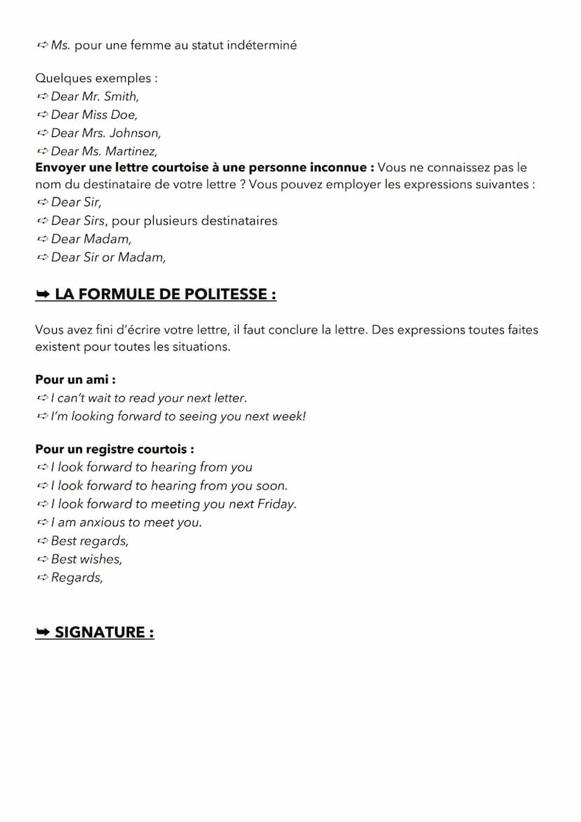ANGLAIS
RÉDIGER UN COURRIER (MESSAGE ÉLECTRONIQUE, CARTE POSTALE, LETTRE)
➡LA STRUCTURE :
Que ce soit en français comme en anglais la forme 
