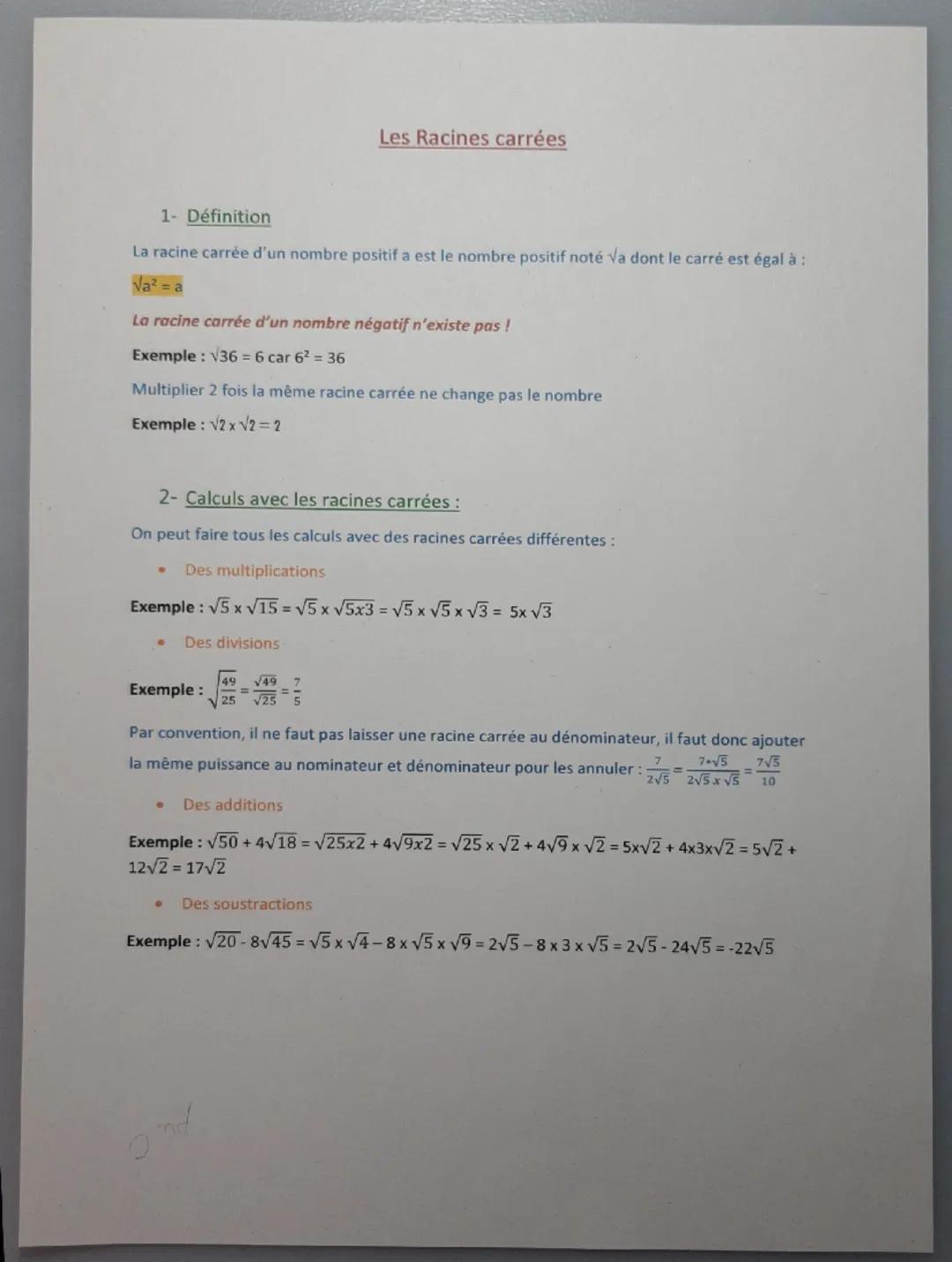 Les Racines carrées
1- Définition
La racine carrée d'un nombre positif a est le nombre positif noté va dont le carré est égal à :
Va² = a
La