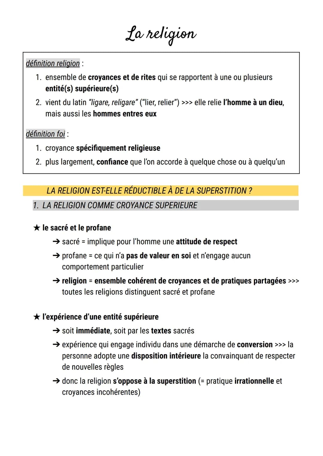 La religion
définition religion:
1. ensemble de croyances et de rites qui se rapportent à une ou plusieurs
entité(s) supérieure(s)
2. vient 